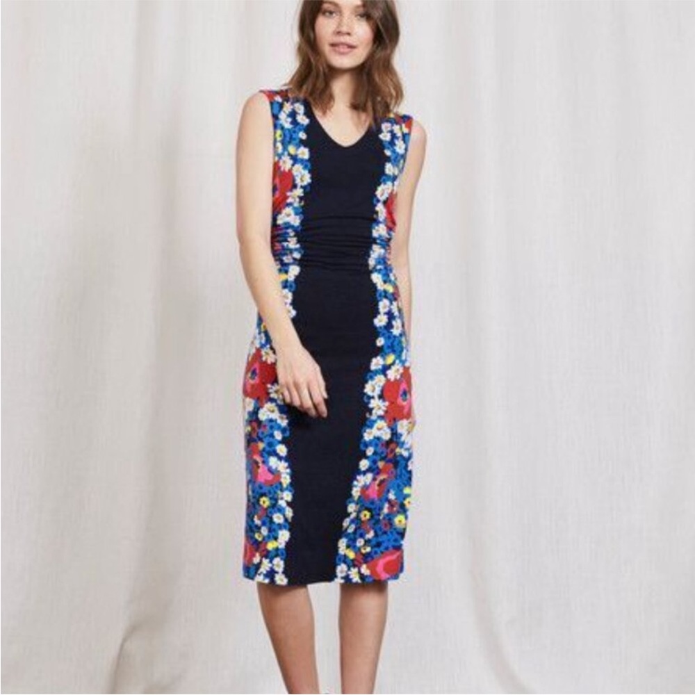 👀 Boden v neck sleeveless jersey stretch w/ rouging daisy flower midi dress 16.